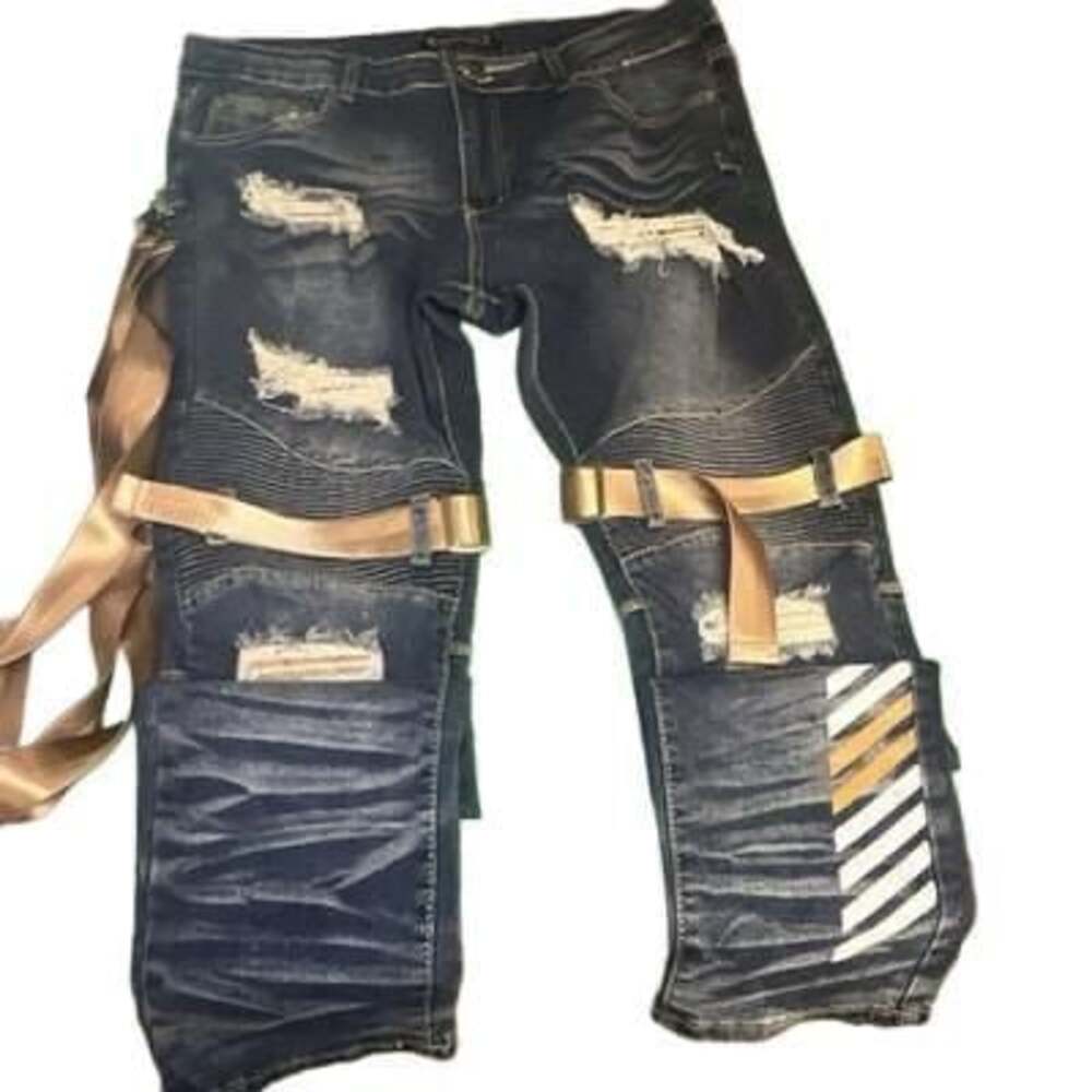 PREOWNED!!! M. Society Men's Blue Medium Wash Slim Tapered Stretch Jeans Strap B